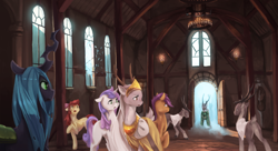 Size: 1280x695 | Tagged: safe, artist:fruitbloodmilkshake, imported from derpibooru, apple bloom, queen chrysalis, scootaloo, sweetie belle, changeling, changeling queen, deer, earth pony, pegasus, pony, unicorn, antlers, broken window, candle, clothes, female, fog, horn, indoors, jewelry, male, mare, older, open door, regalia, window, wings