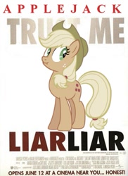 Size: 387x532 | Tagged: safe, imported from derpibooru, applejack, female, liar face, liar liar, liarjack, movie poster, parody, scrunchy face, solo