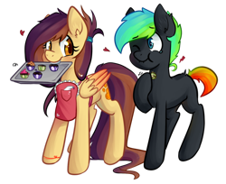 Size: 990x807 | Tagged: safe, artist:goshhhh, imported from derpibooru, oc, oc only, oc:glitch, oc:lessi, pony, apron, clothes, cupcake, duo, glessi, shipping, simple background, transparent background