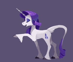 Size: 1059x897 | Tagged: safe, artist:enma-darei, imported from derpibooru, rarity, classical unicorn, pony, unicorn, cloven hooves, eyes closed, eyeshadow, female, gray background, hoof fluff, leg fluff, leonine tail, makeup, mare, open mouth, raised hoof, simple background, smiling, solo, tail fluff, unshorn fetlocks