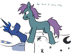 Size: 1280x935 | Tagged: safe, artist:jargon scott, imported from derpibooru, princess luna, oc, oc:grittyguts, bed, dialogue, prince artemis, rule 63