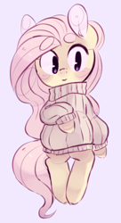 Size: 261x481 | Tagged: dead source, safe, artist:rarishes, imported from derpibooru, fluttershy, pony, beanbrows, bipedal, blushing, clothes, cute, eyebrows, female, gray background, shyabetes, simple background, solo, sweater, sweatershy