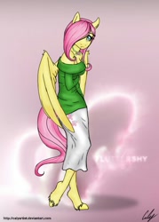 Size: 500x700 | Tagged: safe, artist:calyartist, imported from derpibooru, fluttershy, anthro, clothes, female, off shoulder, shy, skinny, solo, sweatershy