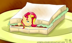 Size: 1600x967 | Tagged: safe, artist:vanillafox2035, imported from derpibooru, sunset shimmer, pony, unicorn, female, micro, ponies in food, sandwich, solo, sunset shimmer dressing up as food, tiny ponies