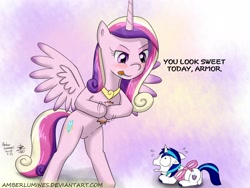 Size: 1920x1440 | Tagged: safe, artist:vanillafox2035, imported from derpibooru, princess cadance, shining armor, alicorn, pony, unicorn, bowtie, drunk, drunk cadance, female, implied vore, licking, licking lips, male, mare, scared, stallion, this will end in tears and/or death, tongue out