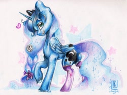 Size: 3026x2280 | Tagged: safe, artist:byluk, imported from derpibooru, princess luna, clothes, female, heart, implied twiluna, smiling, socks, solo, traditional art