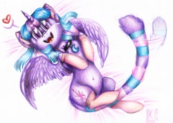 Size: 1500x1067 | Tagged: safe, artist:byluk, imported from derpibooru, twilight sparkle, cat, belly button, clothes, female, heart, on back, smiling, socks, solo, species swap, spread wings, traditional art, twilight cat, twilight sparkle (alicorn)