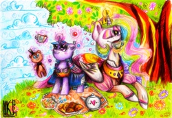 Size: 1000x689 | Tagged: safe, artist:byluk, imported from derpibooru, princess celestia, twilight sparkle, blushing, clothes, dress, flower, grass, magic, picnic, prone, tea, tea party, teacup, teapot, telekinesis, traditional art, tree, wink