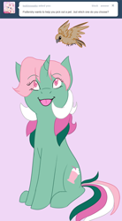 Size: 600x1085 | Tagged: safe, artist:kourabiedes, imported from derpibooru, fizzy, bird, ask fizzy, ask, female, g1, solo, tumblr