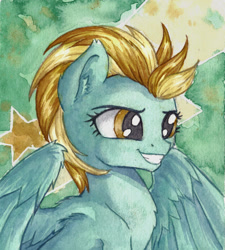 Size: 1024x1139 | Tagged: safe, artist:the-wizard-of-art, imported from derpibooru, lightning dust, pegasus, pony, bust, ear fluff, female, mare, smiling, solo, spread wings, traditional art, watercolor painting, wings