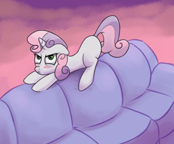 Size: 1920x1600 | Tagged: safe, artist:zapplebow, imported from derpibooru, sweetie belle, pony, unicorn, angry, behaving like a cat, blushing, couch, cute, diasweetes, ears back, female, filly, kitty belle, madorable, solo, sweetie belle is not amused, unamused