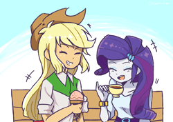 Size: 4960x3507 | Tagged: safe, artist:ayachiichan, imported from derpibooru, applejack, rarity, equestria girls, cup, female, ice cream, lesbian, rarijack, shipping