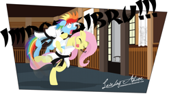 Size: 2000x1125 | Tagged: safe, artist:leirbagahcor, imported from derpibooru, fluttershy, rainbow dash, badass, black belt, dojo, flutterbadass, gi, impossibru, judo, judo flip, martial arts, shoulder throw, wide eyes