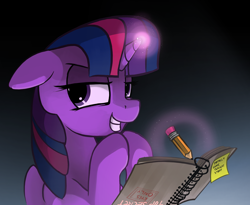 Size: 2000x1639 | Tagged: safe, artist:dimfann, imported from derpibooru, twilight sparkle, alicorn, pony, female, grin, magic, mare, notebook, pencil, solo, sticky note, twilight sparkle (alicorn)