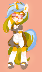 Size: 357x600 | Tagged: safe, artist:mewball, imported from derpibooru, dj pon-3, vinyl scratch, clothes, female, glasses, maid, simple background, solo