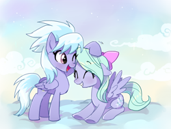 Size: 660x500 | Tagged: dead source, safe, artist:baekgup, imported from derpibooru, cloudchaser, flitter, pegasus, pony, blushing, bow, cloud, cute, cutechaser, duo, duo female, female, flitterbetes, hair bow, happy, open mouth, open smile, siblings, sisters, smiling, twins