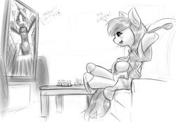 Size: 1148x800 | Tagged: safe, artist:alloyrabbit, imported from derpibooru, oc, oc only, oc:sequoia, oc:ultramare, earth pony, bathrobe, cereal, clothes, eating, monochrome, sketch, slippers, solo, television