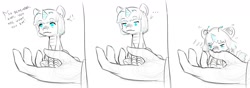 Size: 1637x578 | Tagged: safe, artist:alloyrabbit, imported from derpibooru, oc, oc only, oc:orchid, kaiju pony, biting, comic, cute, floppy ears, hand, micro, nom, sharp teeth, sketch