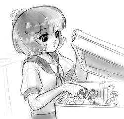 Size: 788x754 | Tagged: safe, artist:alloyrabbit, imported from derpibooru, coco pommel, human, giantess, human ponidox, humanized, macro, monochrome, size difference, sketch, spool, thread