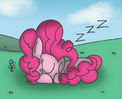 Size: 553x448 | Tagged: safe, artist:mr. rottson, imported from derpibooru, pinkie pie, cute, daaaaaaaaaaaw, flower, grass, lying down, outdoors, sky, sleeping, solo, zzz