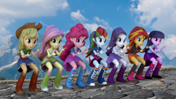 Size: 1920x1080 | Tagged: safe, artist:3d thread, artist:creatorofpony, imported from derpibooru, applejack, fluttershy, pinkie pie, rainbow dash, rarity, sci-twi, sunset shimmer, twilight sparkle, equestria girls, /mlp/, 3d, 3d model, blender, boots, bracelet, clothes, cloud, cloudy, compression shorts, cowboy boots, cowboy hat, denim, denim skirt, hat, high heel boots, humane five, humane seven, humane six, jacket, jewelry, mountain, pointing, polka dot socks, pose, rainbow socks, rubber boots, shirt, shoes, skirt, socks, squatting, stetson, stone, striped socks, wristband