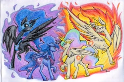 Size: 3323x2187 | Tagged: safe, artist:nekotigerfire, imported from derpibooru, nightmare moon, nightmare star, princess celestia, princess luna, traditional art