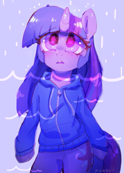 Size: 559x782 | Tagged: safe, artist:mewball, imported from derpibooru, twilight sparkle, pony, semi-anthro, about to cry, bipedal, clothes, female, frown, hoodie, rain, sad, solo
