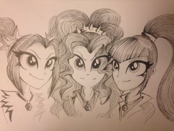 Size: 960x720 | Tagged: safe, artist:sakurawolfer, artist:wourdeluck, imported from derpibooru, adagio dazzle, aria blaze, sonata dusk, equestria girls, rainbow rocks, monochrome, the dazzlings