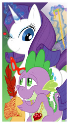 Size: 669x1200 | Tagged: safe, artist:escopeto, imported from derpibooru, rarity, spike, female, fire ruby, glasses, heart, magic, male, shipping, sparity, straight, wink