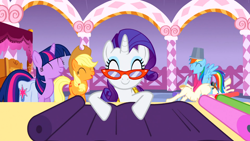 Size: 1366x768 | Tagged: safe, imported from derpibooru, screencap, applejack, rainbow dash, rarity, twilight sparkle, suited for success, happy, measuring tape