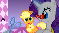 Size: 1366x768 | Tagged: safe, imported from derpibooru, screencap, applejack, rarity, suited for success