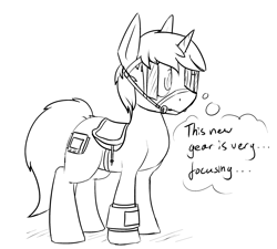 Size: 2709x2441 | Tagged: dead source, safe, artist:erthilo, imported from derpibooru, oc, oc only, oc:littlepip, pony, unicorn, fallout equestria, bit, black and white, blinders, bridle, comic, fanfic, fanfic art, female, grayscale, hooves, horn, mare, monochrome, pipbuck, saddle, simple background, solo, tack, thinking, thought bubble, white background