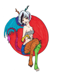 Size: 445x578 | Tagged: safe, artist:sola-shines, imported from derpibooru, discord, oc, oc only, oc:kaos, satyr, breasts, cleavage, eris, offspring, parent:discord, rule 63