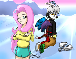 Size: 2068x1616 | Tagged: safe, artist:meganekkoplymouth241, imported from derpibooru, discord, fluttershy, human, keep calm and flutter on, humanized, scene interpretation, skating, winged humanization