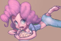 Size: 988x666 | Tagged: dead source, safe, artist:conoghi, imported from derpibooru, pinkie pie, equestria girls, balloonbutt, barefoot, clothes, cute, diapinkes, eating, feet, female, looking up, midriff, open mouth, pajamas, potato chips, prone, solo, toes