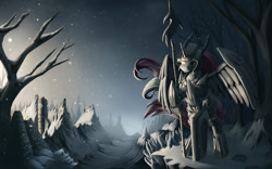 Size: 1900x1187 | Tagged: safe, artist:sceathlet, imported from derpibooru, princess celestia, armor, female, shield, snow, snowfall, solo, spear, winter