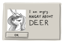 Size: 800x544 | Tagged: safe, artist:king-kakapo, imported from derpibooru, princess celestia, alicorn, deer, pony, /tg/, angry, angry about elves, derp, dialogue box, female, frown, glare, monochrome, parody, parody of a parody, sim city, solo