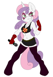Size: 3312x4784 | Tagged: safe, artist:ambris, artist:flawlessvictory20, artist:fluttershysone, imported from derpibooru, sweetie belle, anthro, unguligrade anthro, absurd resolution, belly button, bullet belt, cleavage, clothes, colored, female, metal, metal belle, midriff, skirt, solo, sports bra, zettai ryouiki