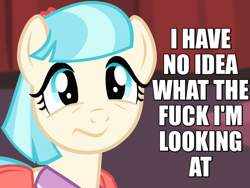 Size: 640x480 | Tagged: safe, edit, edited screencap, imported from derpibooru, screencap, coco pommel, rarity takes manehattan, caption, confused, female, image macro, reaction image, solo, vulgar