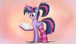 Size: 2500x1469 | Tagged: safe, artist:ncmares, imported from derpibooru, twilight sparkle, alicorn, pony, ask majesty incarnate, alternate hairstyle, book, clothes, female, frown, gritted teeth, magic, mare, messy mane, nervous, ponytail, reading, socks, solo, striped socks, sweat, telekinesis, twilight sparkle (alicorn)