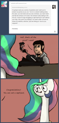 Size: 820x1707 | Tagged: safe, artist:thebathwaterhero, imported from derpibooru, princess celestia, oc, human, ask, blade runner, long neck