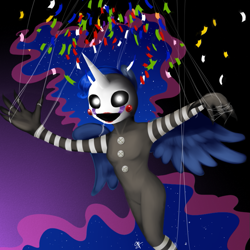 Size: 787x787 | Tagged: safe, artist:supermare, imported from derpibooru, princess luna, anthro, confetti, cosplay, female, five nights at freddy's, marionette, puppet, solo, strings, the puppet