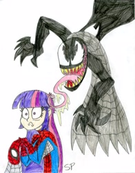 Size: 2550x3260 | Tagged: safe, artist:4eco, imported from derpibooru, sunset shimmer, twilight sparkle, human, crossover, humanized, spider-man, symbiote, traditional art, venom