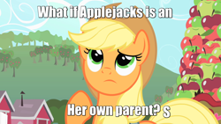 Size: 1280x720 | Tagged: safe, edit, edited screencap, imported from derpibooru, screencap, applejack, earth pony, pony, apple, caption, engrish, female, grammar error, mare, planned parenthood, wat