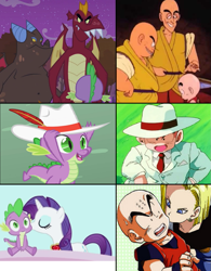 Size: 799x1024 | Tagged: safe, imported from derpibooru, clump, garble, rarity, spike, dragon, android 18, comparison, dragon ball, dragon ball z, female, hat, krillin, male, monks, shipping, sparity, straight