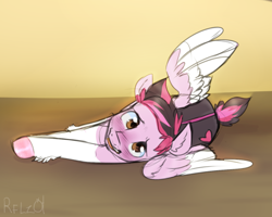 Size: 1024x819 | Tagged: safe, artist:rflzqt, imported from derpibooru, oc, oc only, oc:plyr, pegasus, pony, awkward smile, blushing, cute, looking at you, lying down, male, on side, side, smiling, solo