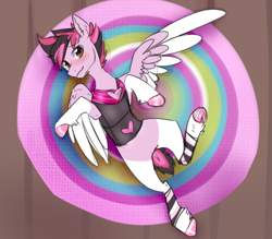 Size: 1024x896 | Tagged: safe, artist:rflzqt, imported from derpibooru, oc, oc only, oc:plyr, pegasus, pony, blushing, clothes, cute, dyed mane, looking at you, lying down, on back, solo