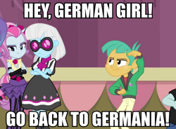 Size: 814x600 | Tagged: safe, edit, edited screencap, imported from derpibooru, screencap, photo finish, snails, snips, violet blurr, equestria girls, rainbow rocks, caption, german, germany, image macro, meme, out of character, photo finish insults, racism, the simpsons