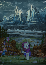 Size: 637x904 | Tagged: safe, artist:jowyb, artist:jowybean, imported from derpibooru, rarity, griffon, pony, unicorn, female, flower, forest, mare, mountain, original location, pine tree, raised hoof, road, scenery, statue, town, tree, village