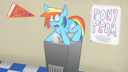 Size: 1920x1080 | Tagged: safe, artist:varmintfarm, imported from derpibooru, rainbow dash, drinking fountain, filly, flag, poster, prom, school, water fountain